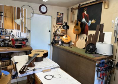 Workbench and tools used for classical guitar construction and restoration