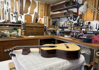 Workbench and tools used for classical guitar construction and restoration