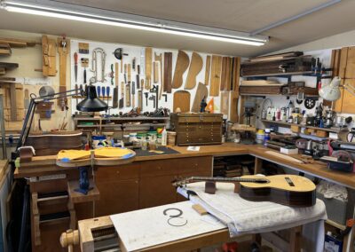 Workbench and tools used for classical guitar construction and restoration